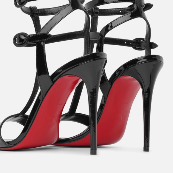 Christian Louboutin Mara 100 Black Patent Sandal Ankle Strap Open Heel Pump - Picture 2 of 13